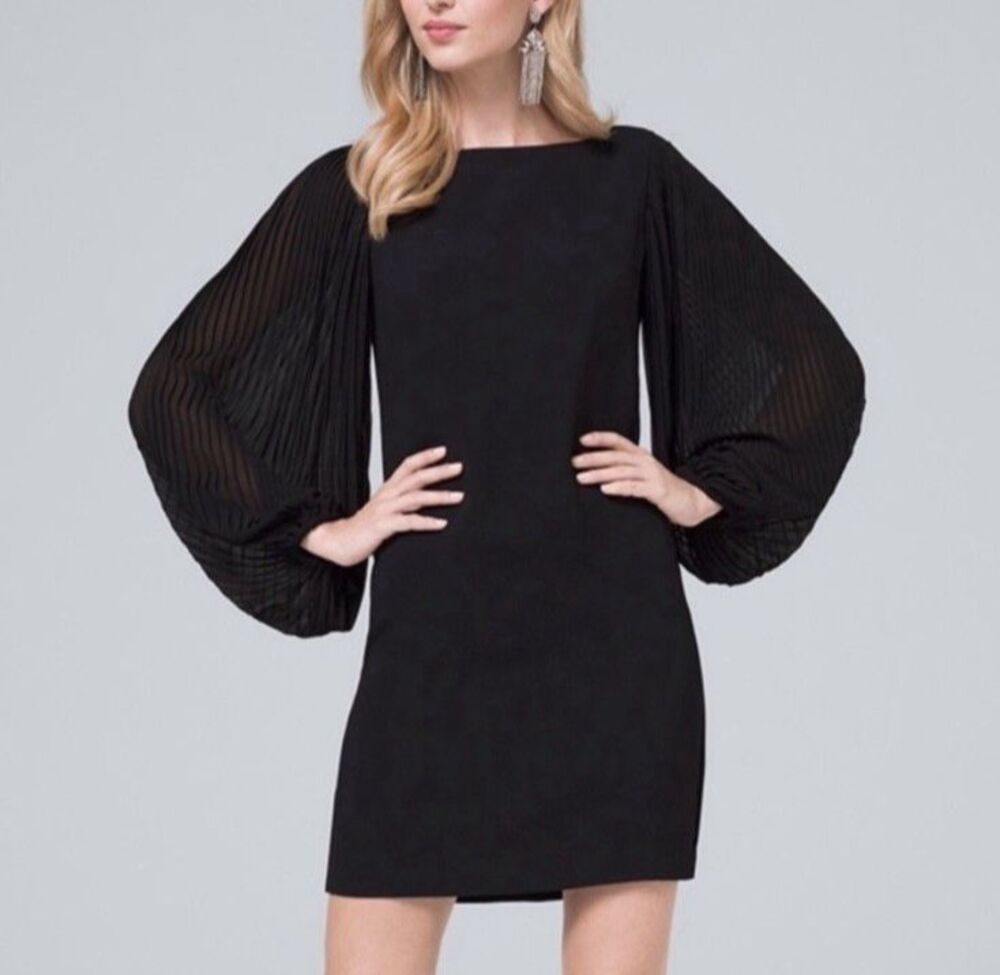White House Black Market Dress 6 Black Pleated Balloon Sleeve LBD Cocktail Mini